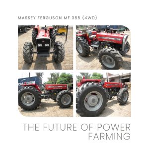 A powerful Massey Ferguson MF 385 (4WD) tractor in a lush green field, symbolizing the future of efficient and advanced power farming. #MFIPK