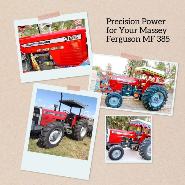 A Massey Ferguson MF 385 tractor plowing a field with precision.