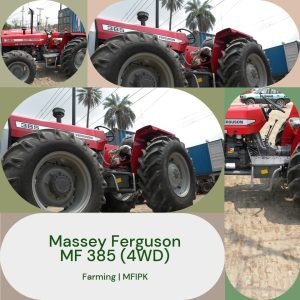 Massey Ferguson MF 385 (4WD) tractor standing in a field, ready for farming tasks.