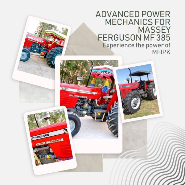 Massey Ferguson MF 385 tractor parked in a field, showcasing its advanced power mechanics.