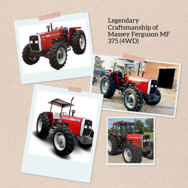 A Massey Ferguson MF 375 tractor in a field, showcasing its 4-wheel drive capabilities.