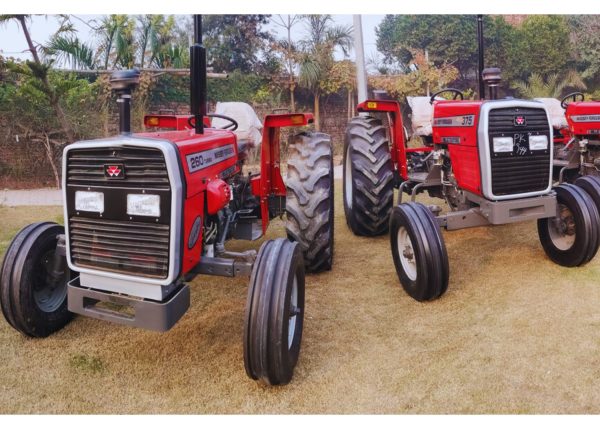 Front view of a Massey Ferguson MF-375 tractor, showcasing its robust design and agricultural capabilities.