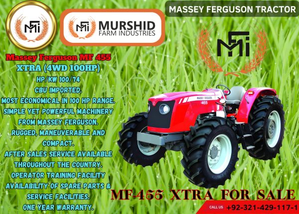 Massey Ferguson Tractor MF 455 XTRA in a farm field, showcasing its detailed design and features.