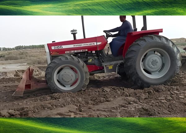 Murshid Farm Industries Implement HYDRAULIC FRONT BLADE attached to tractor, working in farm land.