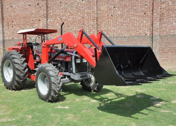 Murshid Farm Industries Implement HYDRAULIC FRONT END LOADER attached to tractor, front side view.