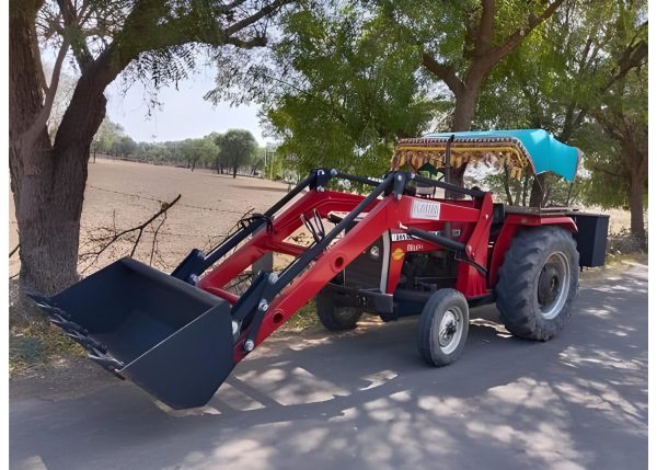 Murshid Farm Industries Implement HYDRAULIC FRONT END LOADER attached with tractor in resting position.