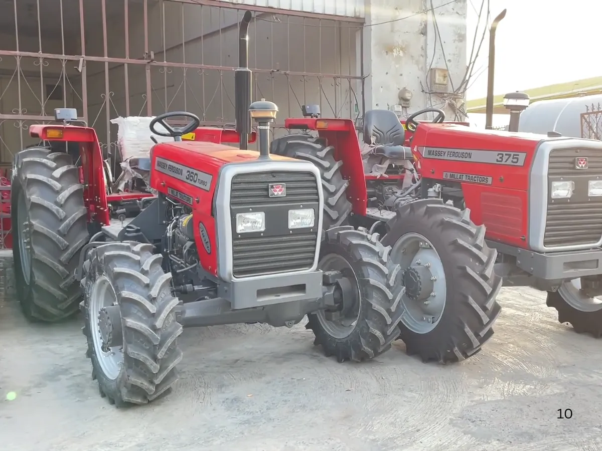 Massey Ferguson MF 360 Turbo 4WD 60HP tractor manufactured by Millat Tractors Pakistan, shown parked alongside Massey Ferguson MF 375 tractor in a factory yard