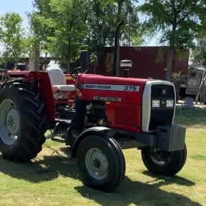 Massey Ferguson MF 375 2WD 75HP tractor manufactured by Millat Tractors Pakistan, shown from front angle with narrow front wheels, MF grille, and front weight block