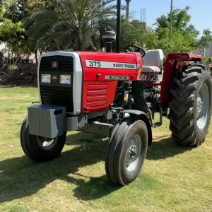 Massey Ferguson MF 375 2WD 75HP tractor manufactured by Millat Tractors Pakistan, shown in front side view with narrow front wheels, MF grille, and red body