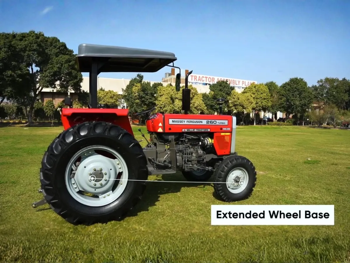 Side view of Millat Massey Ferguson MF 260 Deluxe 2WD 60HP tractor showing extended wheel base and balanced chassis design