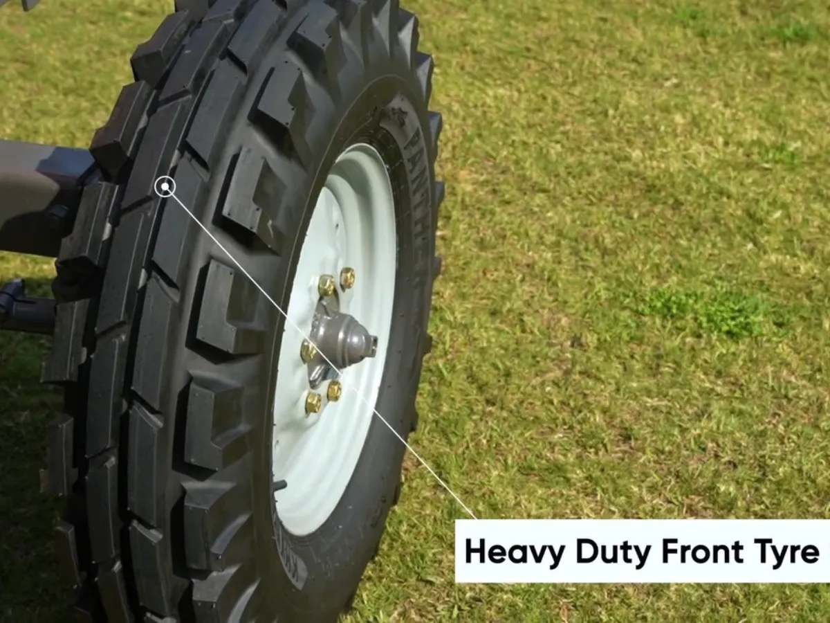 Close-up view of heavy duty front tyre on Millat Massey Ferguson MF 260 Deluxe 2WD 60HP tractor