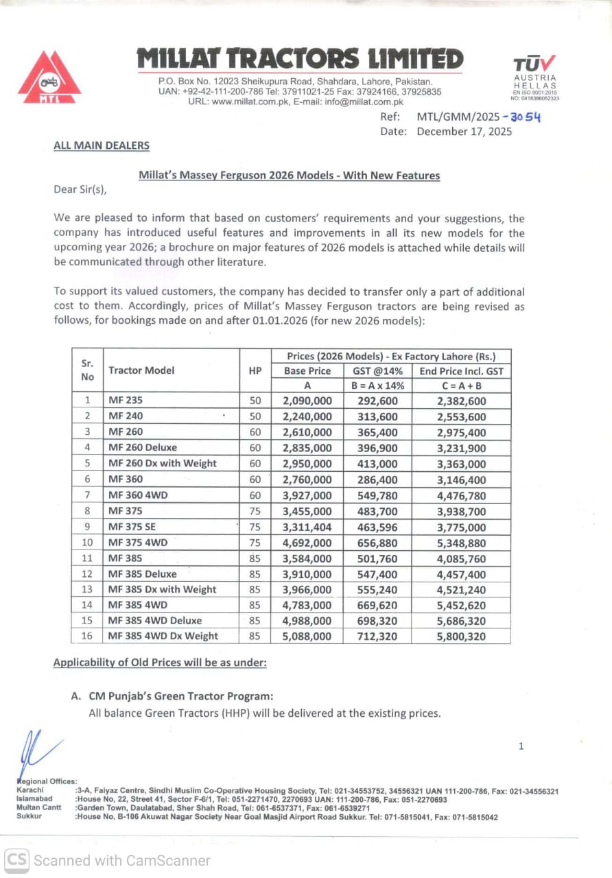 Official 2026 Massey Ferguson tractor price list issued by Millat Tractors Limited Pakistan