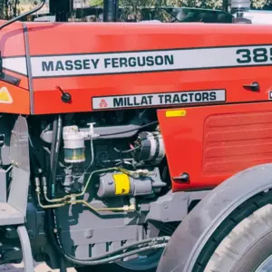 Massey Ferguson MF 385 Deluxe 2WD 85HP 2026 model tractor side close view showing engine, front tyre and body design