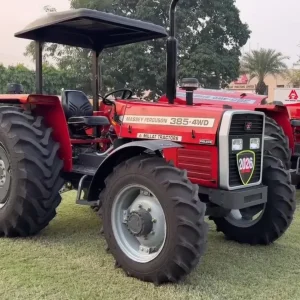 Millat Massey Ferguson MF 385 Deluxe 4WD 85 HP tractor 2026 model with sun canopy and heavy-duty tyres displayed outdoors