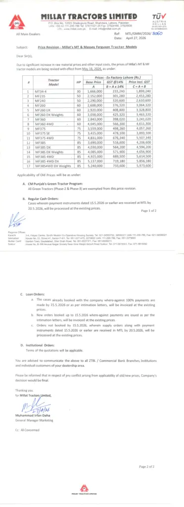 Millat Tractors Limited official price revision notification April 2026 for Massey Ferguson tractors effective May 16 Pakistan