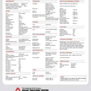 Official Millat MT390 2WD Deluxe tractor specification sheet