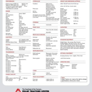 Official Millat MT390 2WD Deluxe tractor specification sheet