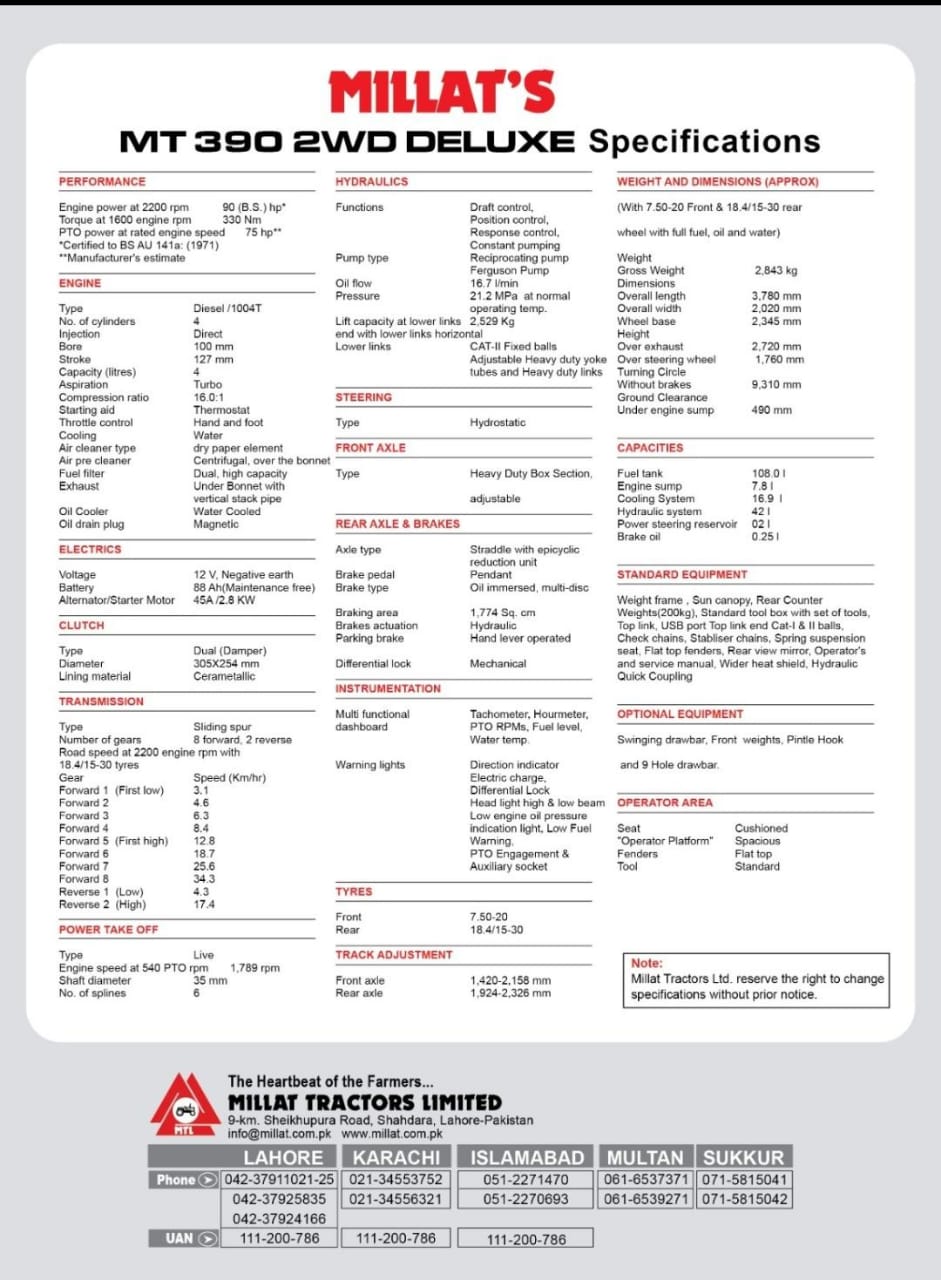 Official Millat MT390 2WD Deluxe tractor specification sheet