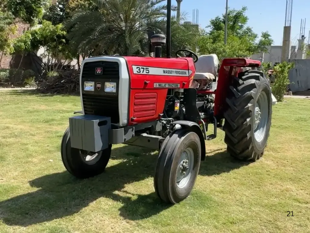 Red Massey Ferguson MF 375 2WD viewed from the front on the lawn